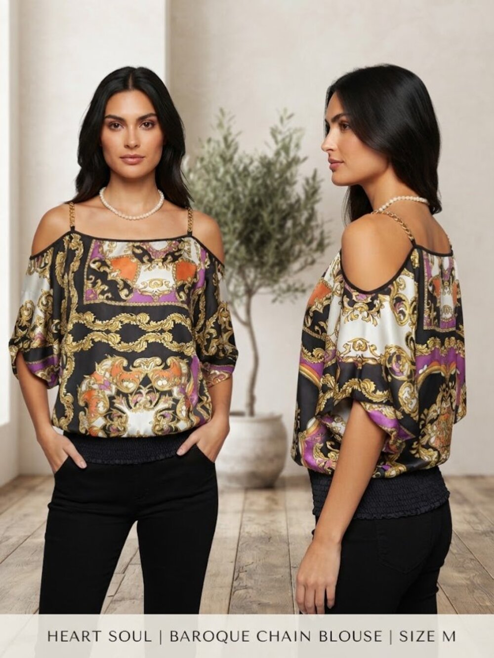Heart Soul Gold Chain Strap Black Purple Yellow Print Women's Blouse Size M NEW